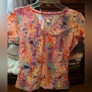 Koi by Kathy Peterson XS Scrub Top Embroidered Butterflies in Rainbow Colors!